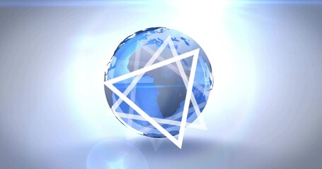 Fototapeta premium Floating 3D blue Earth globe showing Africa in studio, with soft triangular overlays and halo light