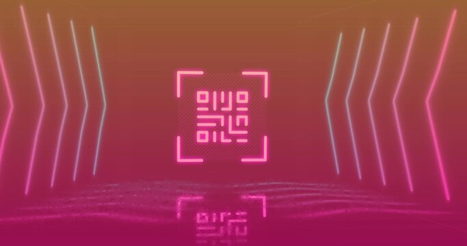 Glowing neon square frame with QR-like glyph emitting pink light in studio mirroring rippled floor