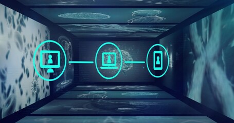 Fototapeta premium Displaying three connected teal device icons linked by line in projection room, with neural visuals