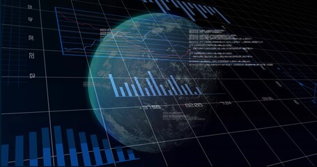 Displaying rendered Earth globe overlaying 3D grid in dashboard, with bar charts and line graphs © vectorfusionart