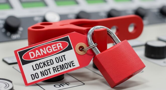 Industrial safety: Red Lockout Tagout (LOTO) device with 'DANGER LOCKED OUT DO NOT REMOVE' tag and padlock on a control panel.