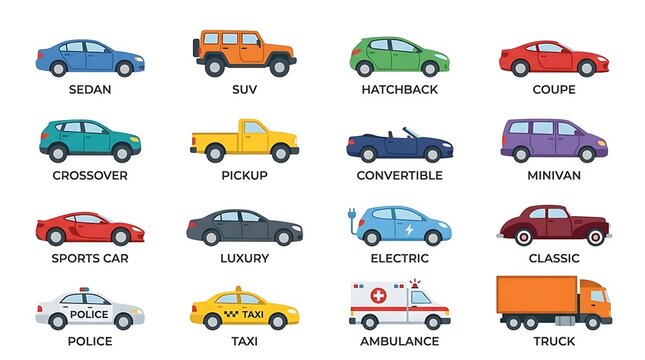 Different types of cars illustration.