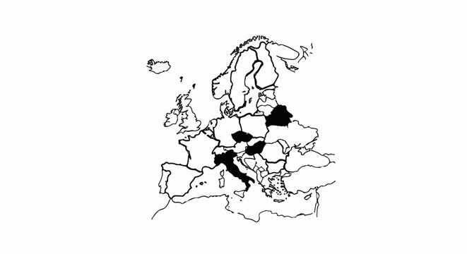 Blackened regions highlight specific countries on a stylized map of Europe