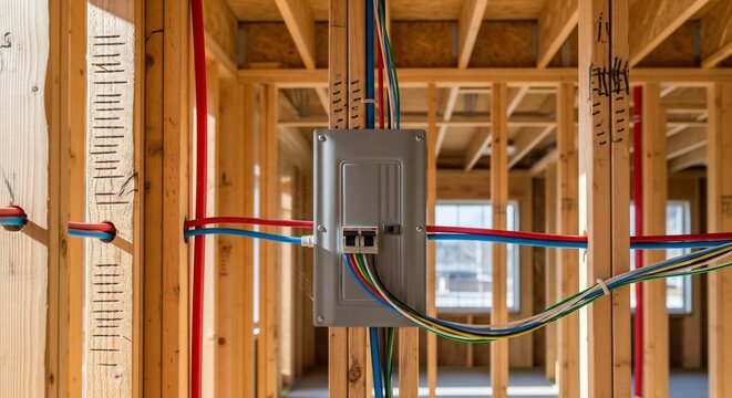 Interior view of a new residential house under construction, showing wooden framing, exposed electrical wiring, circuit breaker panel, and PEX plumbing pipes installation.