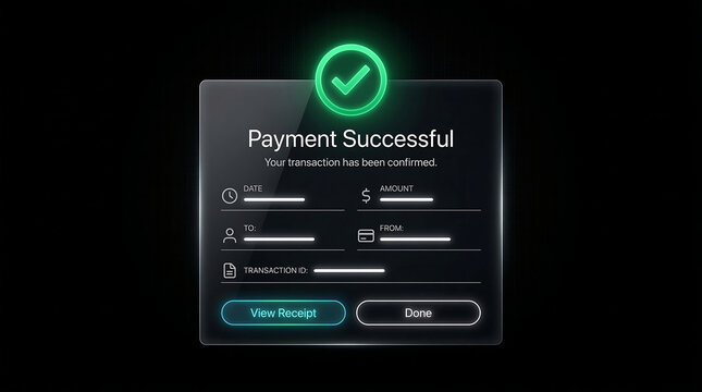 Digital ecommerce payment confirmation interface with successful transaction on screen glowing green checkmark and buttons on black background