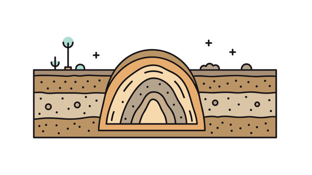 Diagram of an anticlinal fold in geological layers of soil and rock showing different stratigraphic formations and textures.