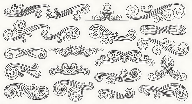 Decorative swirls and ornate flourishes form an artistic design collection.