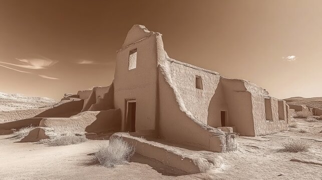 Sepia-toned ruins of a sun-baked adobe church