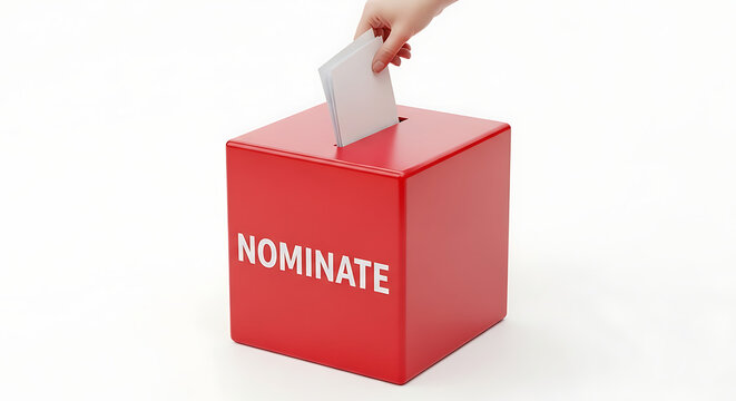 Person casting ballot into red nominate box outdoors in daytime