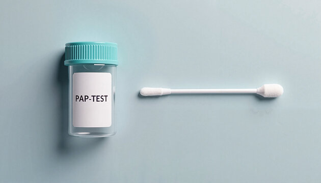 Pap test sample container with sterile swab for cervical cancer screening on minimal background with copy space