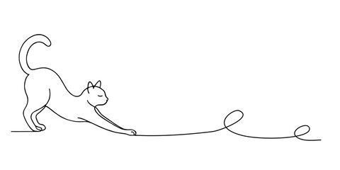 Stretching Cat Line Drawing Minimalist continuous-line drawing of a cat stretching forward with front paws extended and tail raised, interacting with a looping string-like line © Sa_e