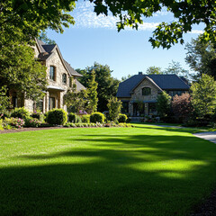 Luxury house green lawn stone facade summer garden suburban home landscaped yard large driveway residential architecture blue sky sunlight