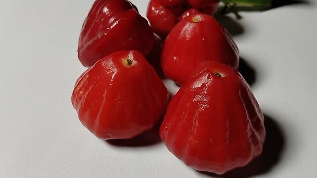 Close up of fresh water rose apples (Syzygium aqueum), a juicy tropical fruit commonly found in local markets.