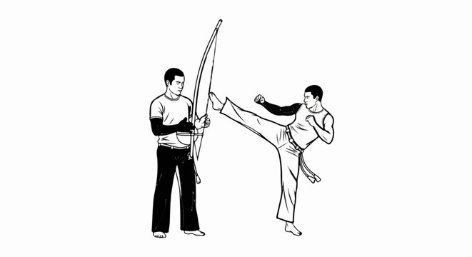 Two men practicing capoeira, one kicks, the other holds a berimbau