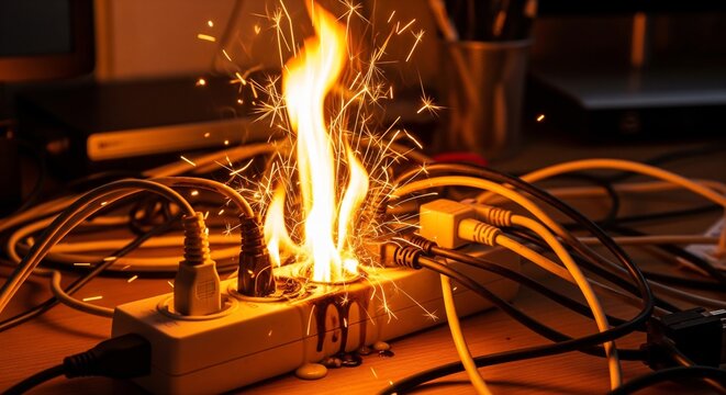Intense flames and bright sparks erupt from an overloaded electrical power strip, highlighting critical fire safety hazards and the dangers of a short circuit in a home or office environment.