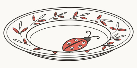 Red ladybug on a white plate with red leaf pattern © wis