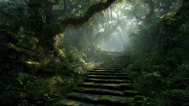 Moss-covered stone steps leading through a lush green forest