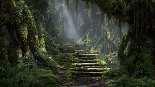 Moss-covered stone steps leading through a mystical forest