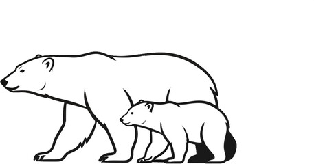 Fototapeta premium A mother and cub polar bear walking side by side, depicted in a simple black outline