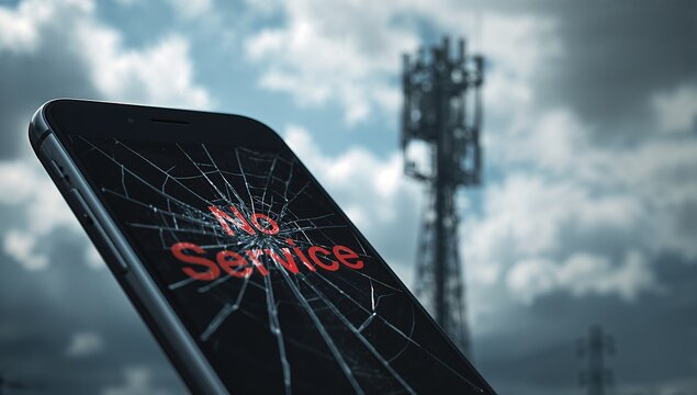 Displaying black smartphone showing shattered glass and red No Service text near cell tower