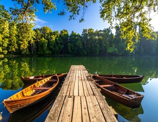 Obraz premium Boats on a tranquil lake with a wooden pier and lush greenery.