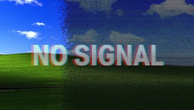 Contrasting NO SIGNAL overlay disrupting green hill under blue sky, with RGB offset and pixelation