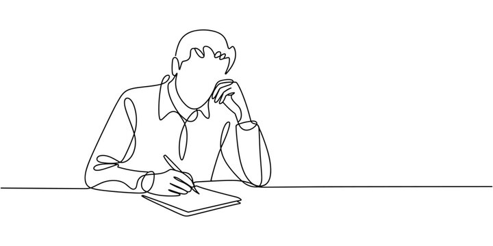 Continuous line drawing of male worker standing while write business note from mentor on paper notes. One single line sketch business man workshop concept. vector illustration editable stroke