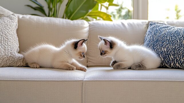 Two tiny kittens face each other on a cream sofa