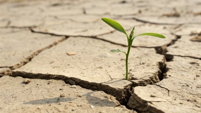 A lone green sprout pushes through dry cracked earth, symbolizing new life and tenacious growth against adversity.