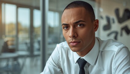 Obraz premium Sitting man wearing white dress shirt and black necktie at modern office desk, with glass partition
