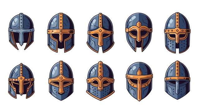 Collection of various medieval knight helmets with different designs and protective features for historical battle reenactment.