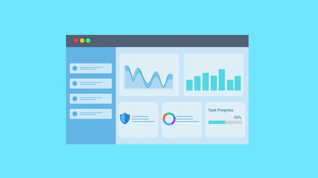 Animated flat dashboard interface displaying charts, graphs, and data panels with shield icon in a browser window. Concept of secure analytics, business monitoring, and digital technology interface.
