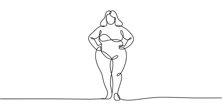 Overweight woman doing sports, running one line art. Continuous line drawing of body positive, overweight,Hand drawn one line vector. Editable stroke