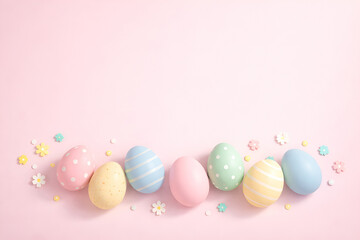 Pastel pink Easter background with soft shadow decorative eggs and copy space