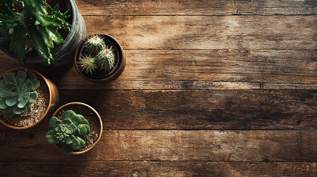 Top-down view of a light wooden table framed by succulents, showcasing clean design and soft natural shadows.  