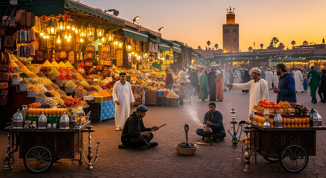 Vibrant Moroccan Marketplace at Dusk with Koutoubia Mosque Silhouette.