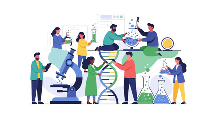 Fototapeta premium Diverse Research Team Collaborating in Science Lab with DNA, Microscopes, and Chemistry Equipment – Scientific Discovery & Innovation