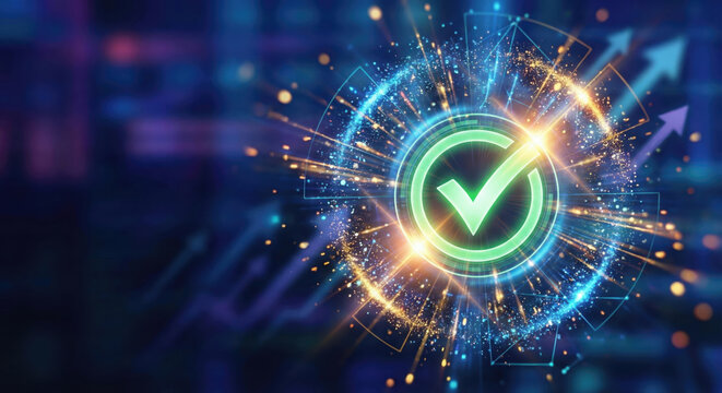 Approval icon glow abstract digital background, bright success energy spark effect colorful light