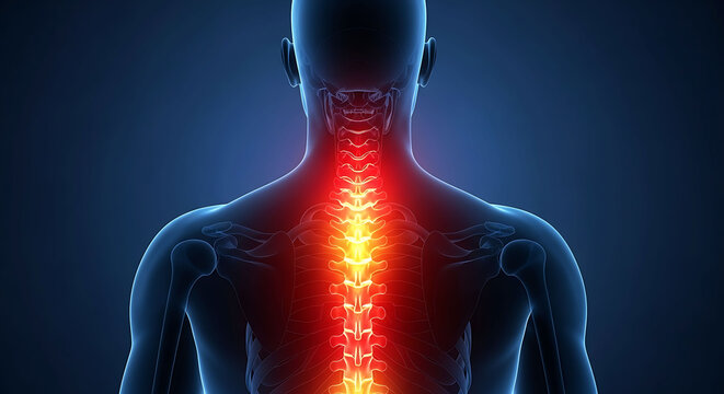 Human back pain anatomy 3D illustration of spinal inflammation and vertebrae ache