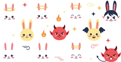 Fototapeta premium Cute angel and devil bunny characters with halos, wings, flames and kawaii faces cartoon vector icon set