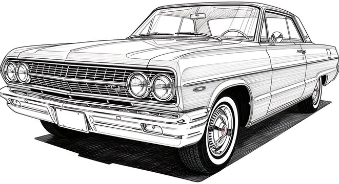Detailed black and white line art illustration of a vintage 1964 Chevrolet Impala classic car, shown from a front three-quarter view.