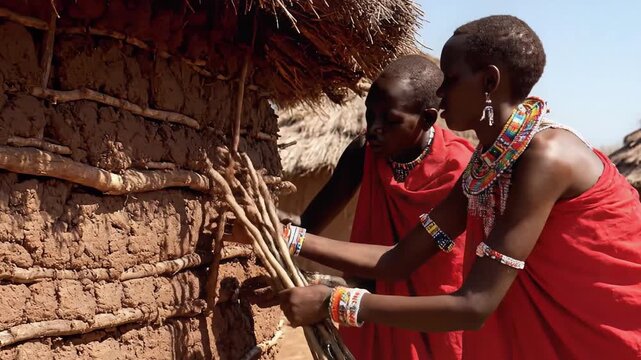 Maasai Women Building Traditional Mud House in Rural Africa