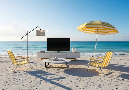 A serene beach setting with modern furniture and a calm ocean view