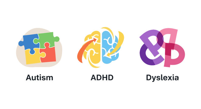 Neurodevelopmental Disorders Icons: Autism, ADHD, and Dyslexia Awareness Symbols for Learning Differences and Cognitive Diversity