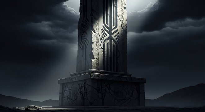 Ancient Stone Pillar with Mysterious Symbol Under Dramatic Sky.
