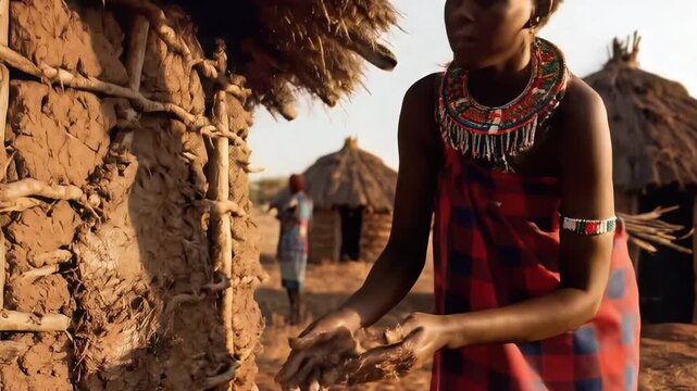 Maasai Woman Constructing Traditional Mud Hut in Rural Village