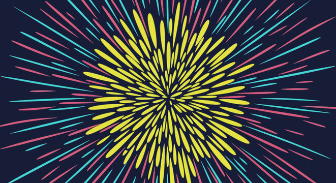 This vibrant and energetic abstract explosion features radiating yellow, pink, and blue lines against a dark background, perfect for celebratory designs.