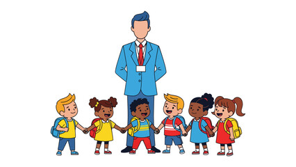 Harmony in Education: A teacher stands proudly amidst a circle of diverse children, each holding hands, in a display of unity, support, and the bright promise of early learning. © Azizun