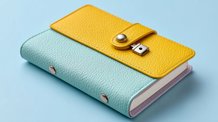 Colorful leather notebook with secure clasp on soft blue background