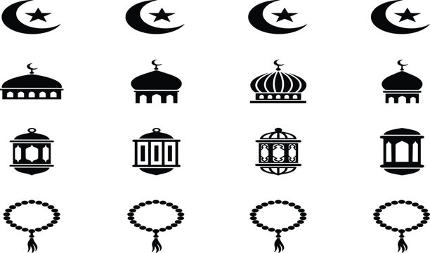 Islamic Ramadan icon set with crescent moon, mosque domes, lanterns and prayer beads silhouettes, traditional Muslim religious symbols for Ramadan Kareem and Eid design.